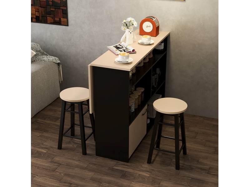 Ensemble table de bar et 2 tabourets, plateau pliant, rangement, noir - Conforama D