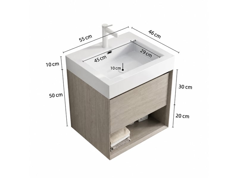  Meuble vasque suspendu 55 cm effet chêne clair avec vasque rectangulaire en résine minérale  - Conforama C