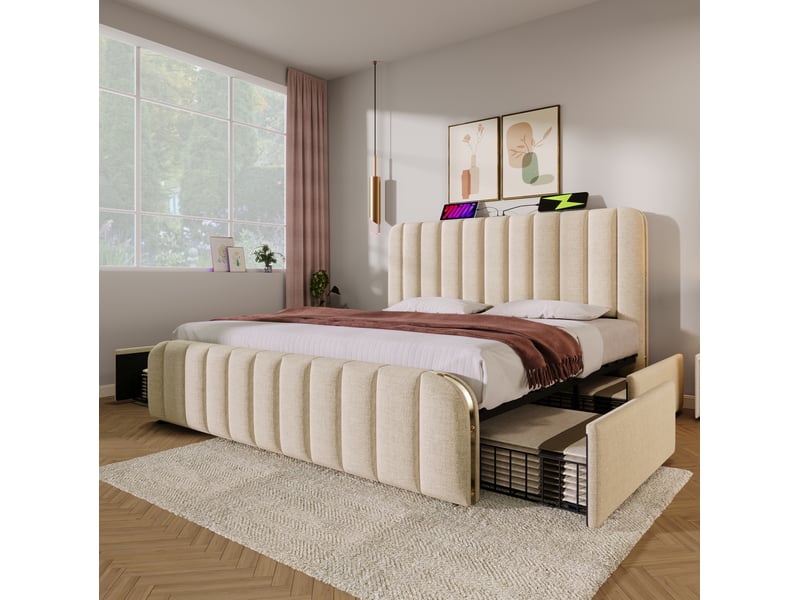  Lit 2 places 180x200 cm – beige – 4 tiroirs de rangement, usbtype-c et matelas 7 zones h3 inclus  - Conforama B