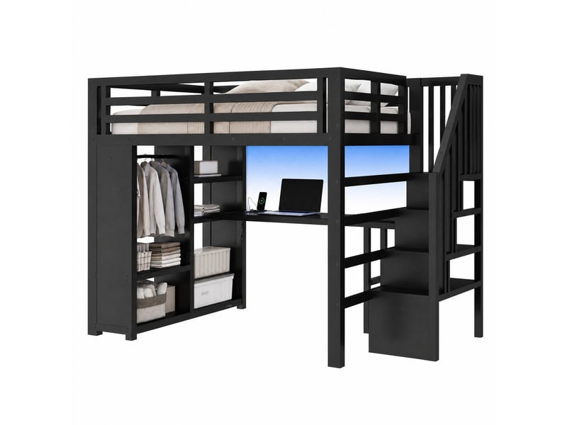  Lit mezzanine modenvie 140 x 200 cm en métal noir avec bureau, led, usb, escalier de rangement et armoire ouverte  - Conforama A