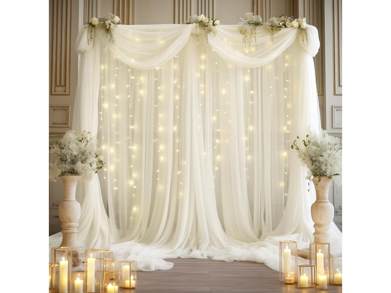  Fond de scène en tulle blanc avec guirlande lumineuse – 1,6×3 m – voilage pour mariage, baby shower, anniversaire – décoration photo shoot  - Conforama E