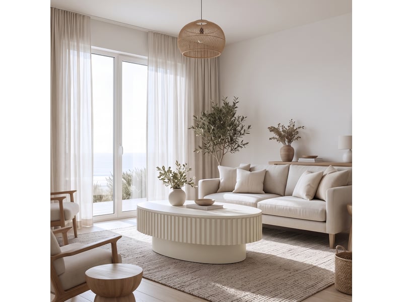  Table basse tcqpz ovale 98 x 60 x 35 cm avec rangement caché plateau coulissant mdf plaqué bois crème  - Conforama E