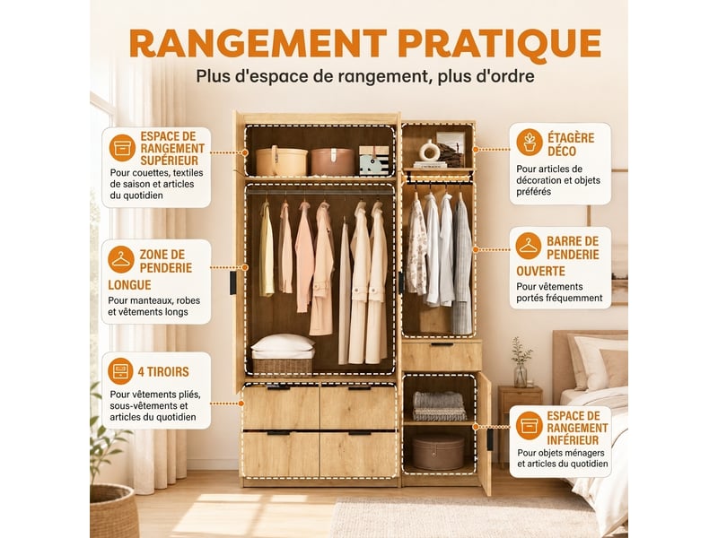  Armoire blanche 180x50x200 cm avec panier à linge intégré et 6 tiroirs  - Conforama E