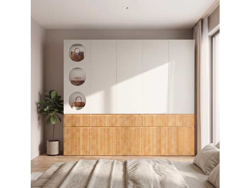  Armoire modenvie 10 portes avec 3 tiroirs et 2 penderies 225 x 50 x 200 cm chêne clair et gris  - Conforama E