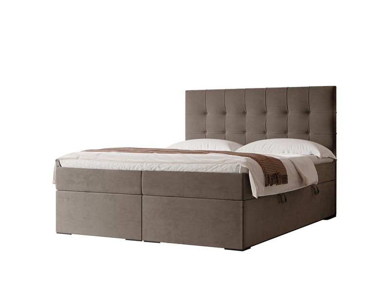 Lit adulte imperial - 180x200 cm - matelas ressorts + surmatelas - coffre de rangement - velours dense hydrofuge marron clair IMPERIAL - Conforama A