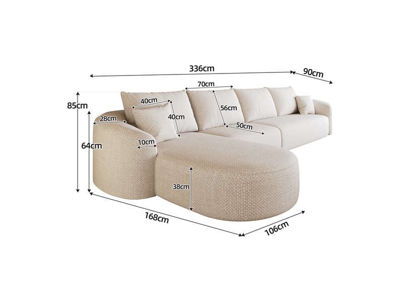  Canapé d'angle gauche 5 places modulable sans montage, assise en mousse, revêtement en chenille blanc 336 × 168 × 85 cm  - Conforama C