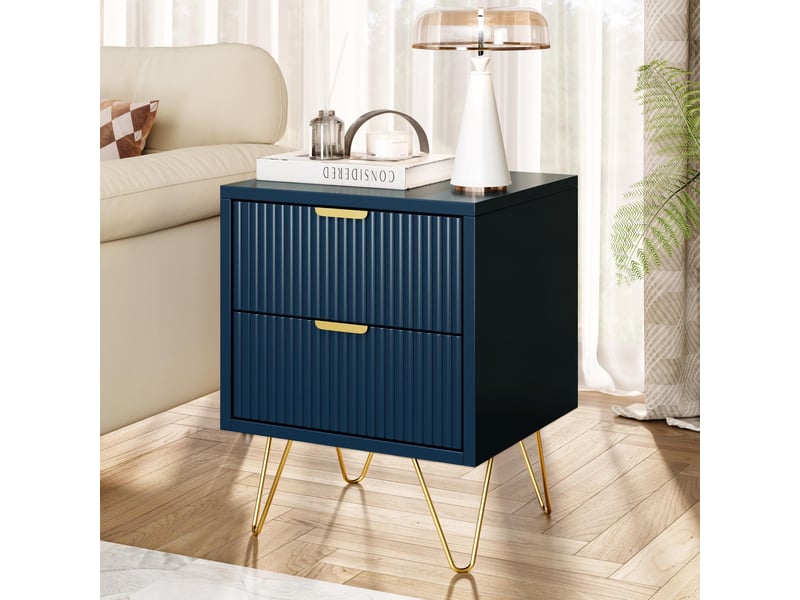  Table de chevet 1 pc - 35,5x40x50cm - table de nuit en bois à 2 tiroirs cannelés &amp; pieds épingles dorés - bleu marine  - Conforama D