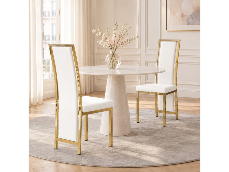  Lot de 2 chaises de salle à manger,44x42,7x109 cm,similicuir et métal doré,blanc  - Conforama B