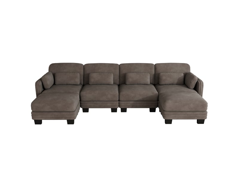 Canapé modulable en u 4 places 330x143x88 cm 2 poufs, assise large profonde, design ergonomique, chenille marron - Conforama A