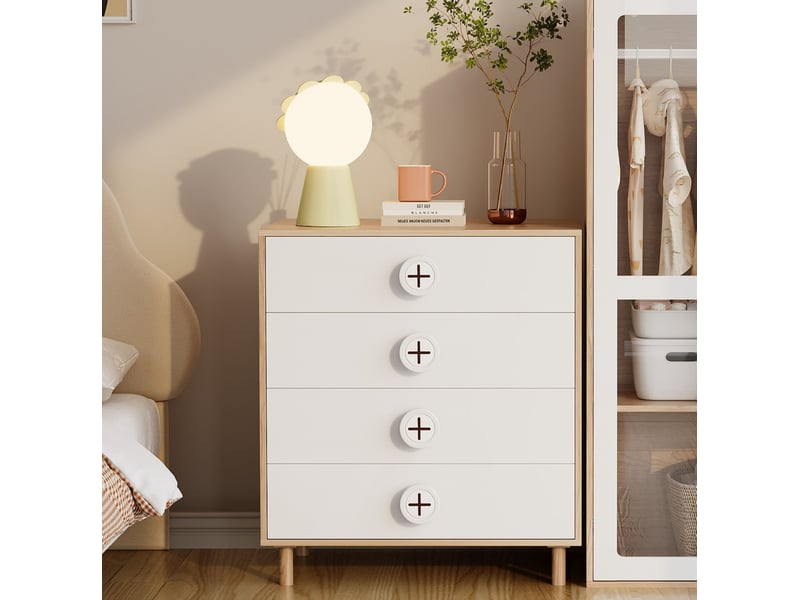  Commode à tiroirs 80 x 54 x 90 cm – blanc et bois naturel – 4 tiroirs de rangement pour chambre et salon  - Conforama B