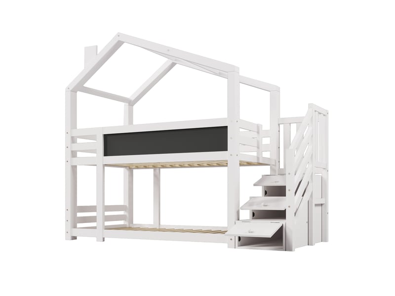  Lit superposé cabane enfant 90 x 200 cm avec escalier de rangement, tableau, barrières et 2 sommiers, blanc AB30512789W - Conforama A