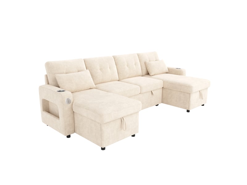 Canapé d’angle convertible u 4-5 places 266 cm, double méridienne, rangements, usbusb-c, porte-gobelets, led 3 couleurs, chenille beige Morn Vibe - Conforama A