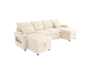Canapé d'angle panoramique convertible <strong></strong> <strong>Morn Vibe</strong> 4 places Tissu beige avec coffre de rangement