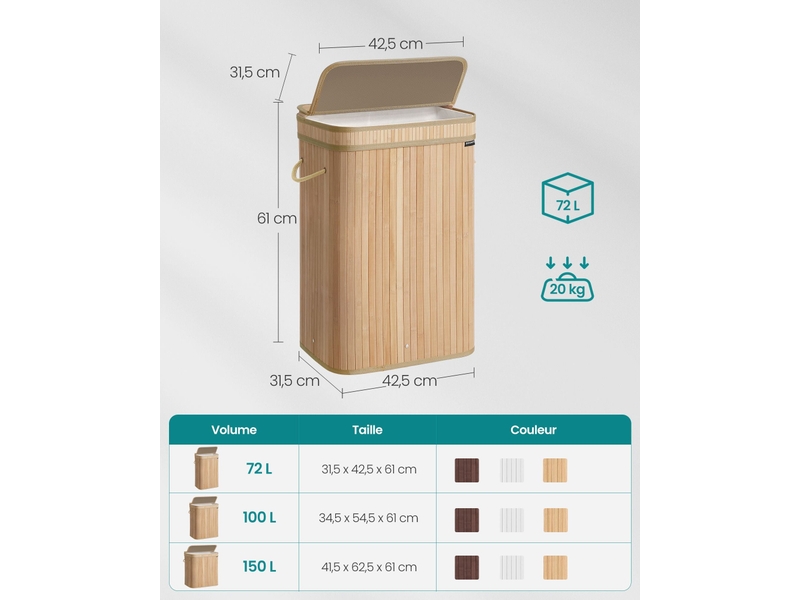  Panier à linge design épuré 31,5 x 42,5 x 61 cm en bambou naturel 12_0013164  - Conforama B