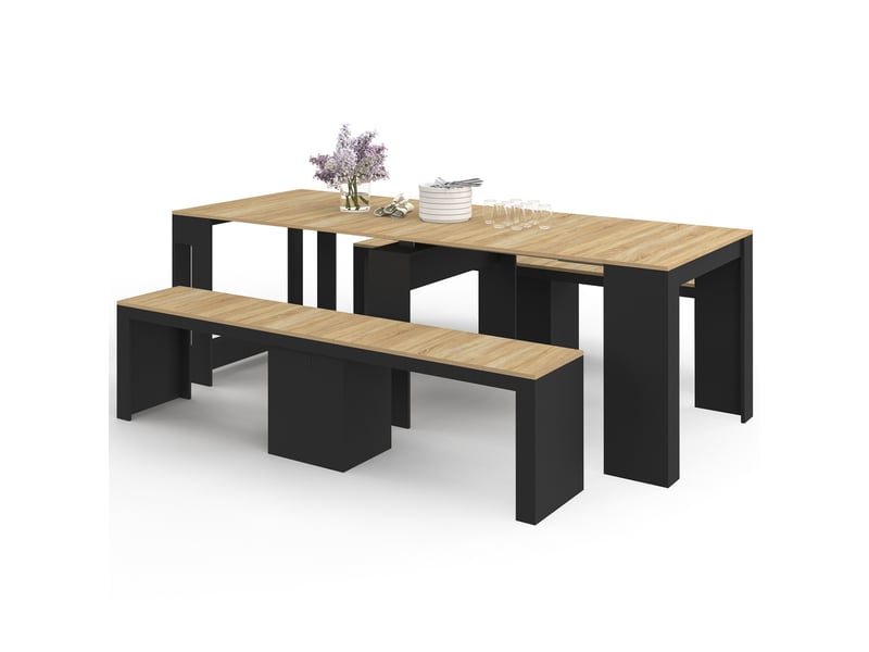  Ensemble table console avec bancs extensibles orlando 10 personnes 235 cm bois noir et façon hêtre  - Conforama C