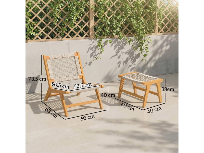  Fauteuil jardin avec repose-pieds, ensemble 2 pièces, bois acacia certifié fsc, assise rotin, style bohème, pieds réglables.  - Conforama E