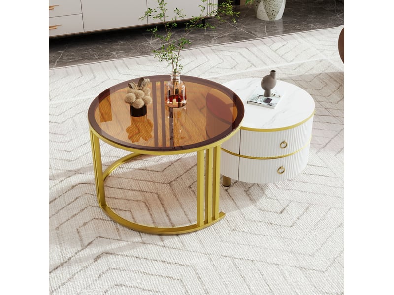  Table basse gigogne ronde 70x70x45 + 50x50x40 cm, 2 tiroirs et 1 plateau en verre trempé marron, coloris blanc  - Conforama D