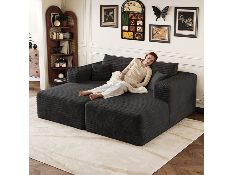  Canapé modulable noir en velours côtelé, méridienne salon sans armature, canapé-lit moderne 180x151cm  - Conforama D
