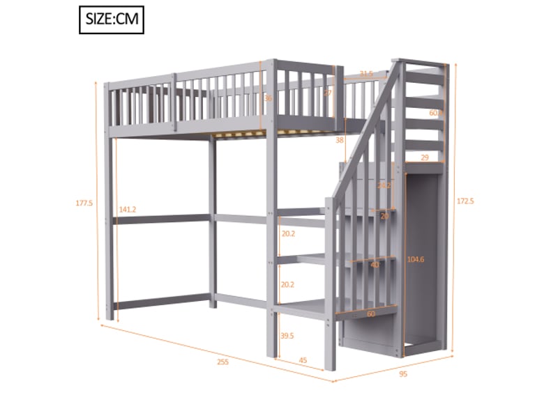  Lit mezzanine 90x200 cm coloris gris bois massif lit enfant gris - Conforama C