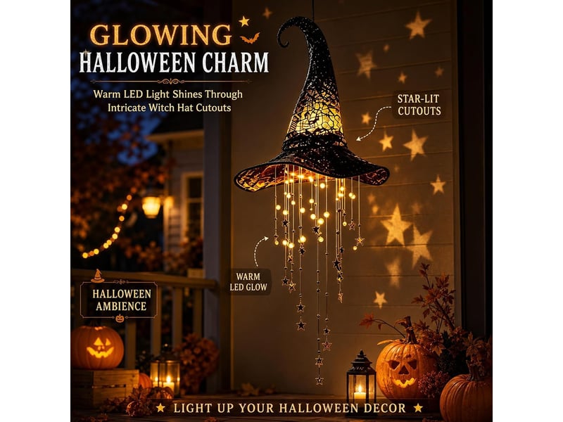 2 pièces décoration halloween suspendue, chapeau de sorcière lumineux led pour porche, entrée, jardin et terrasse, intérieur et extérieur  - Conforama D