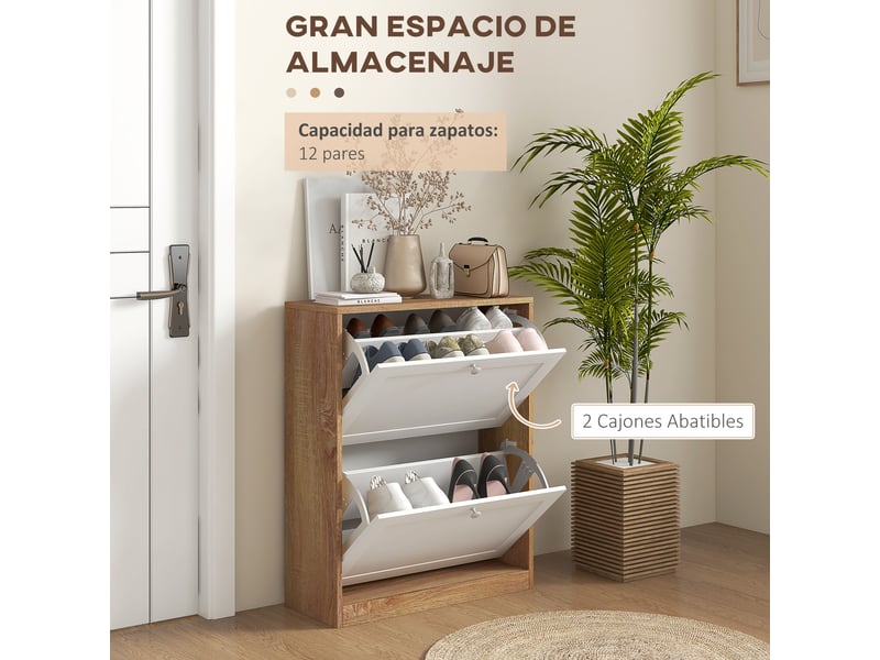  Meuble à chaussures étroit avec 2 portes et étagères réglables pour 12 paires de chaussures en bois naturel et blanc  - Conforama E