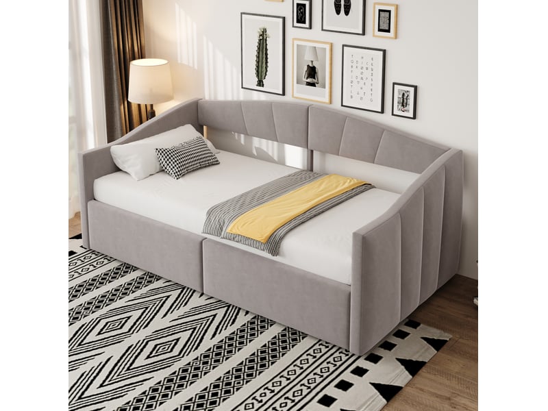  Lit coffre tcqpz 90 x 200 cm avec rangement hydraulique, sommier à lattes, accoudoirs, velours gris clair  - Conforama B