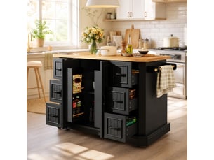 Îlot de cuisine avec 2 portes, 6 tiroirs et 5 roulettes - avec freins et rangements - mdf et métal - noir