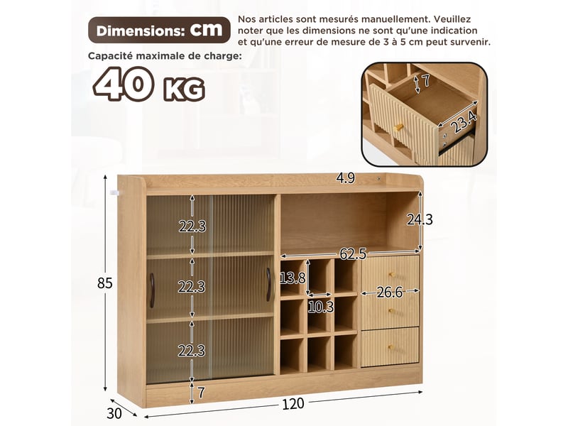  Buffet avec casier à bouteilles portes en verre et led 120x30x85 cm LY2060307N - Conforama C
