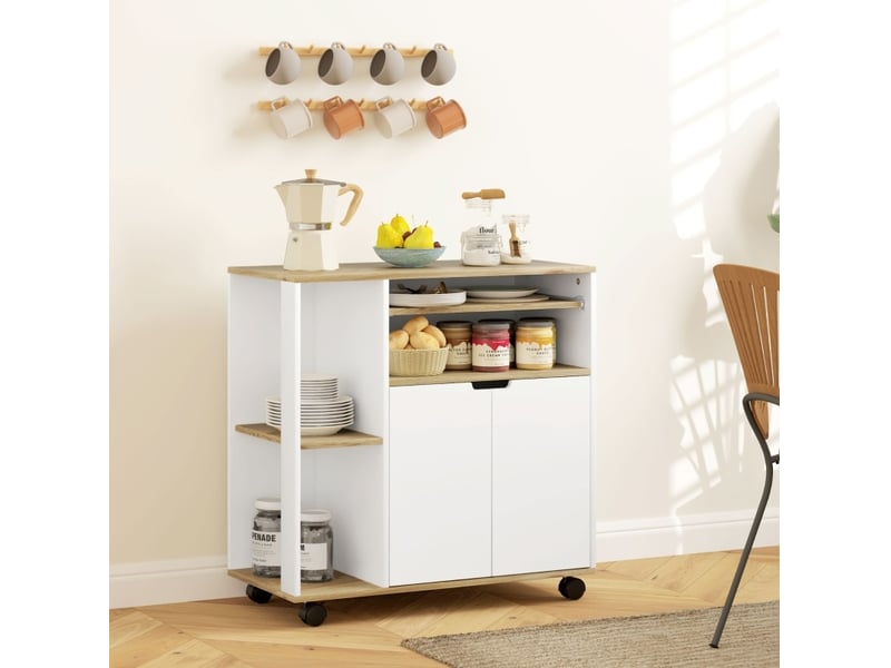  Desserte de cuisine 80 x 40 x 82 cm blanc et bois, 4 roulettes avec freins et rangements modulables  - Conforama B