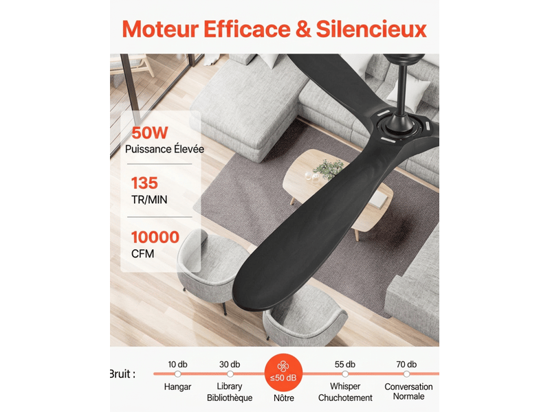  Ventilateur de plafond 72 pouces sans lumière, 3 pales bois noir, moteur dc avec télécommande pour salon et patio  - Conforama C
