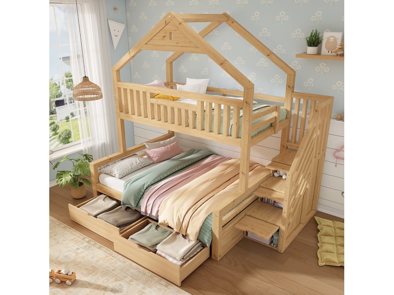  Lit superposé enfant 90x200 et 140x200 cm avec escalier et tiroirs, chêne, sans matelas  - Conforama W