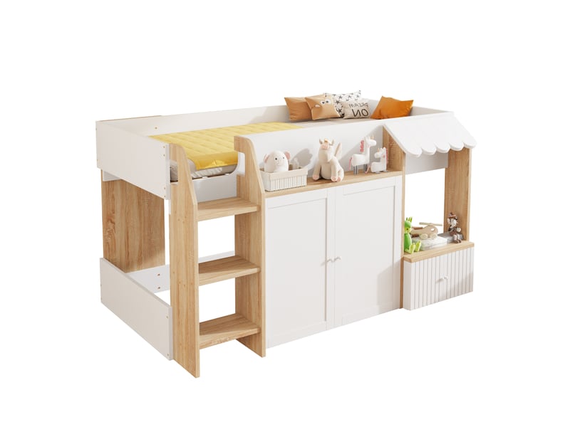  Modenvie lit mezzanine enfant 90x200 cm - avec rangement et echelle large, sans matelas - blanc  - Conforama A