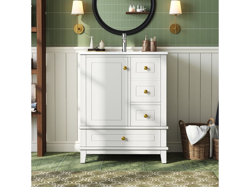 Meuble sous vasque avec 3 tiroirs, 1 porte à fermeture douce et vasque en céramique pour salle de bain, 61×47×86 cm, blanc - Conforama C