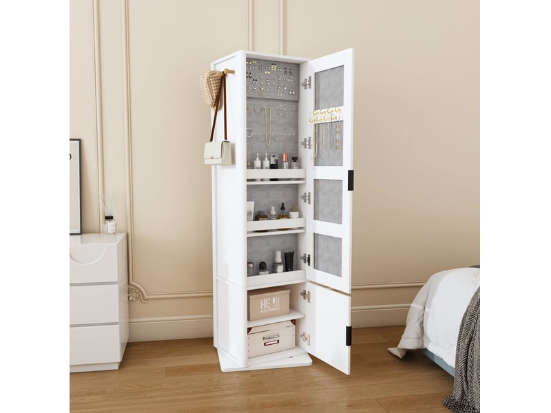  Armoire à bijoux pivotante 360 degrés avec miroir sur pied, rangement, étagères et 6 crochets, blanche  - Conforama E