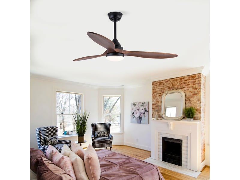 Meilleur ventilateur de plafond 52 pouces en noir avec lumière, 3 cct led dimmable, 3 pales en bois massif, moteur dc silencieux réversible avec télécommande et fonction mémoire - Conforama C
