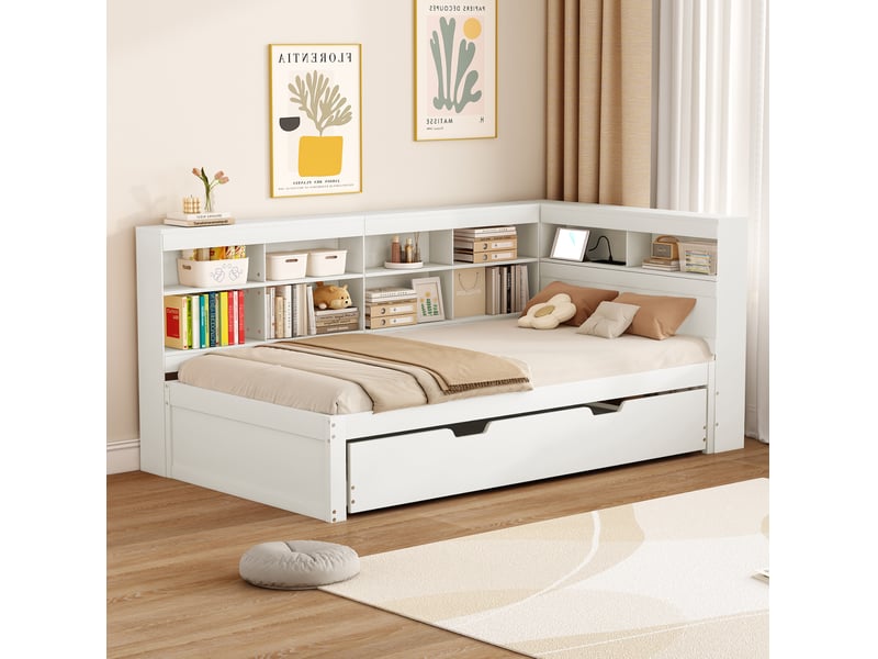  Lit gigogne 90x200 cm avec prise usb et rangements, blanc, sans matelas  - Conforama D