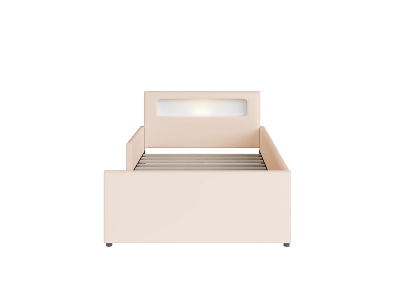 Lit enfant avec tiroirs, lit simple 90x200 cm en similicuir beige avec usb, veilleuse led et côtés rehaussés - Conforama E