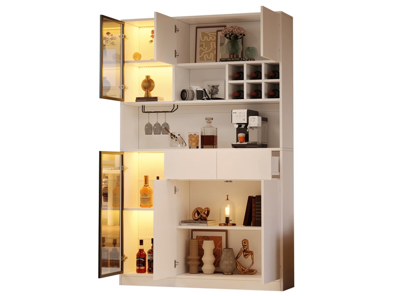  Vitrine haute 120x33x200 cm, 6 portes et 2 tiroirs, éclairage led, panneau de particules, blanc  - Conforama A