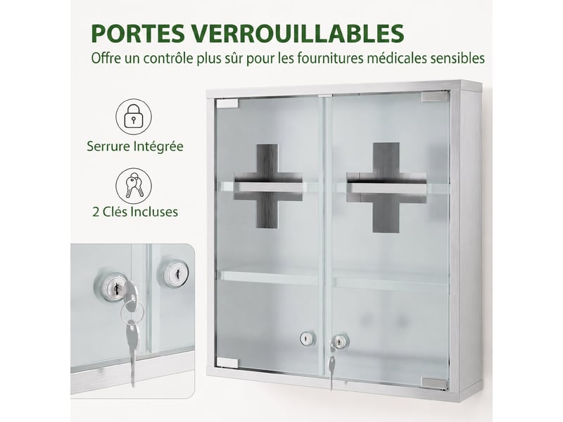  Armoire à pharmacie murale avec portes en verre verrouillables 2 clés, étagères de rangement, 46 x 12 x 48 cm, argenté  - Conforama E