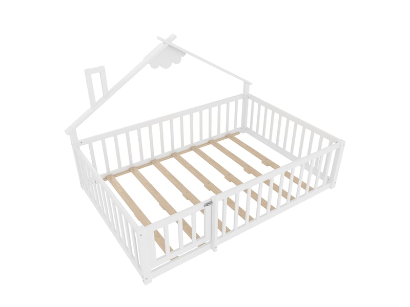  Lit enfant 140x190 cm en pin blanc, style maison, barrières avec fermeture, design sécurisé  - Conforama E