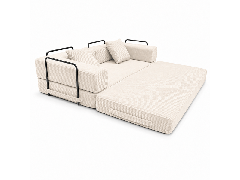  Canapé convertible au sol 2 places pliable avec coussins, fonction couchage en velours côtelé blanc  - Conforama A