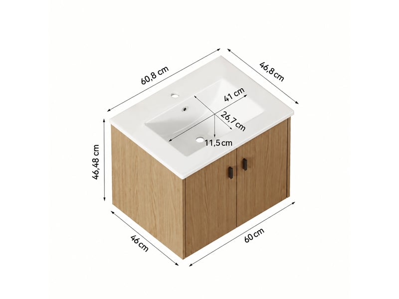  Meuble vasque 60 cm effet chêne clair en mdf avec vasque en céramique et 2 portes  - Conforama C
