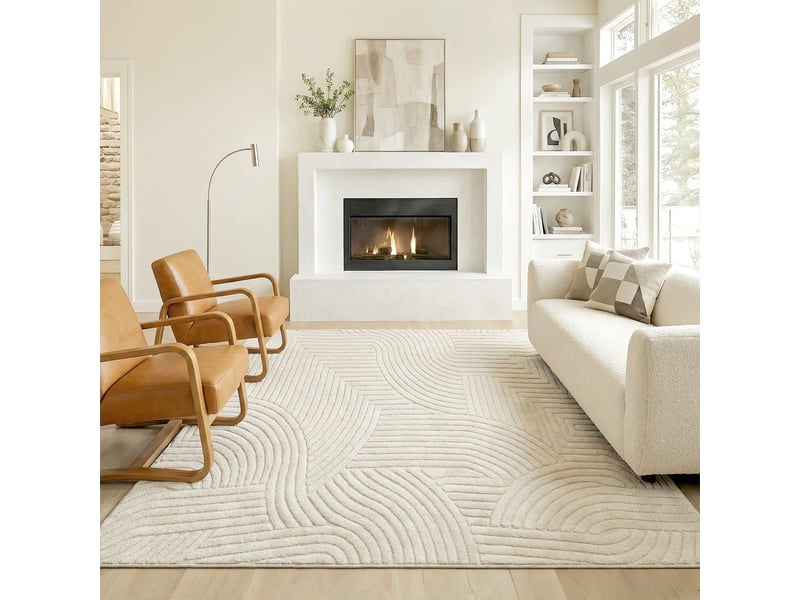  Tapis salon 200 x 140 cm, tapis à poils épais géométrique, crème, moelleux et antidérapant  - Conforama D