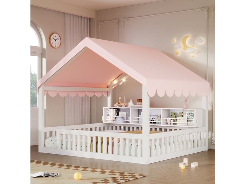  Lit cabane enfant 140x200 cm blanc avec toit en tissu, led et bibliothèque  - Conforama B