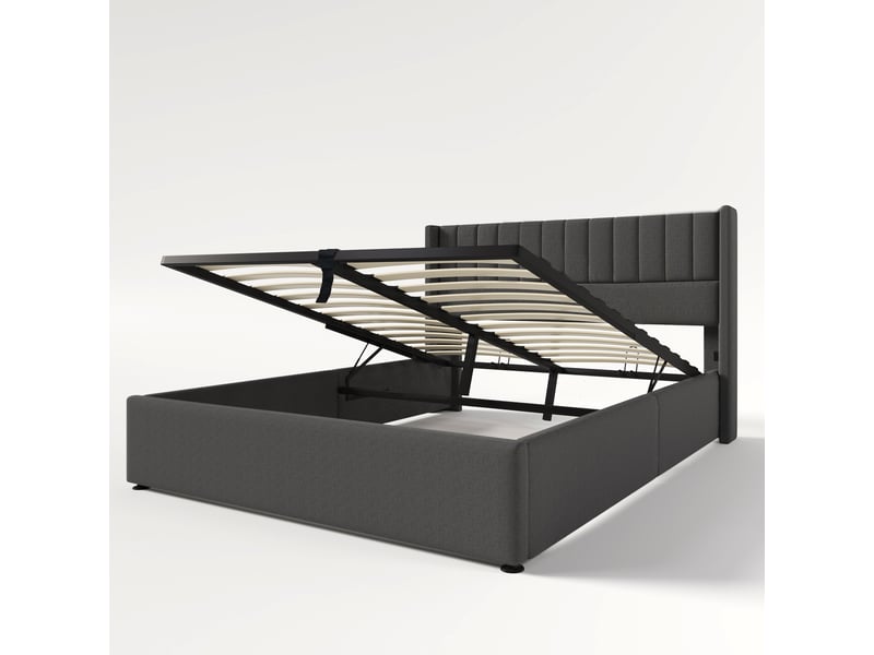 Lit coffre 160x200 cm en lin avec tête de lit à bandes verticales et rangement hydraulique, gris Fay Lum - Conforama A