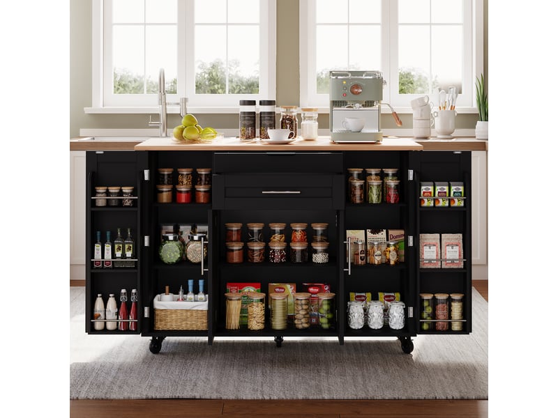  Desserte de cuisine 136x70x92 cm noire et naturelle avec plan de travail extensible  - Conforama E