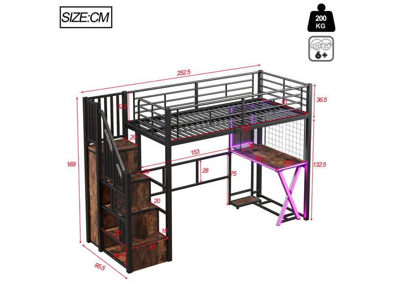  Lit mezzanine 90x200 cm avec bureau, armoire, rangements et led noir  - Conforama C