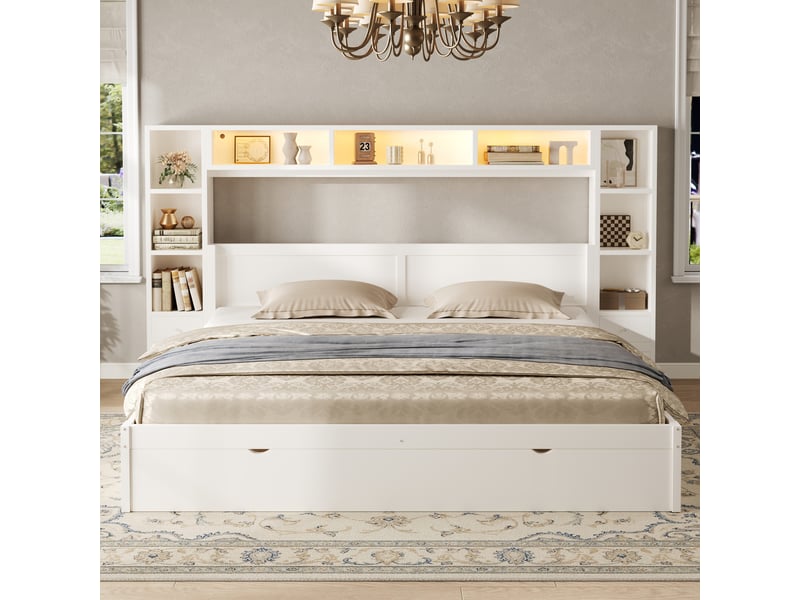  Lit coffre en bois 180x200 cm avec tête de lit led, 7 tiroirs de rangement, étagères intégrées et sommier à lattes - blanc  - Conforama E