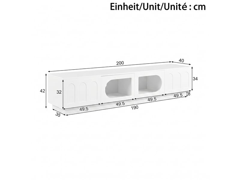  Meuble tv 200 x 40 x 42 cm blanc mdf et panneaux de particules, 4 portes avec éclairage led piloté par application  - Conforama C