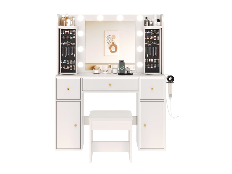  Coiffeuse avec miroir led réglable, usb-c, tabourets, 115x40x142 cm blanche  - Conforama D